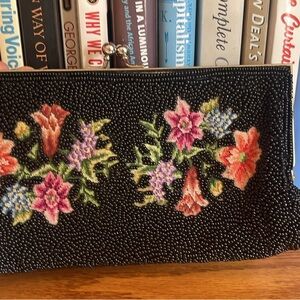 Vintage Floral Needlepoint Clutch Black Beaded Purse 1950s